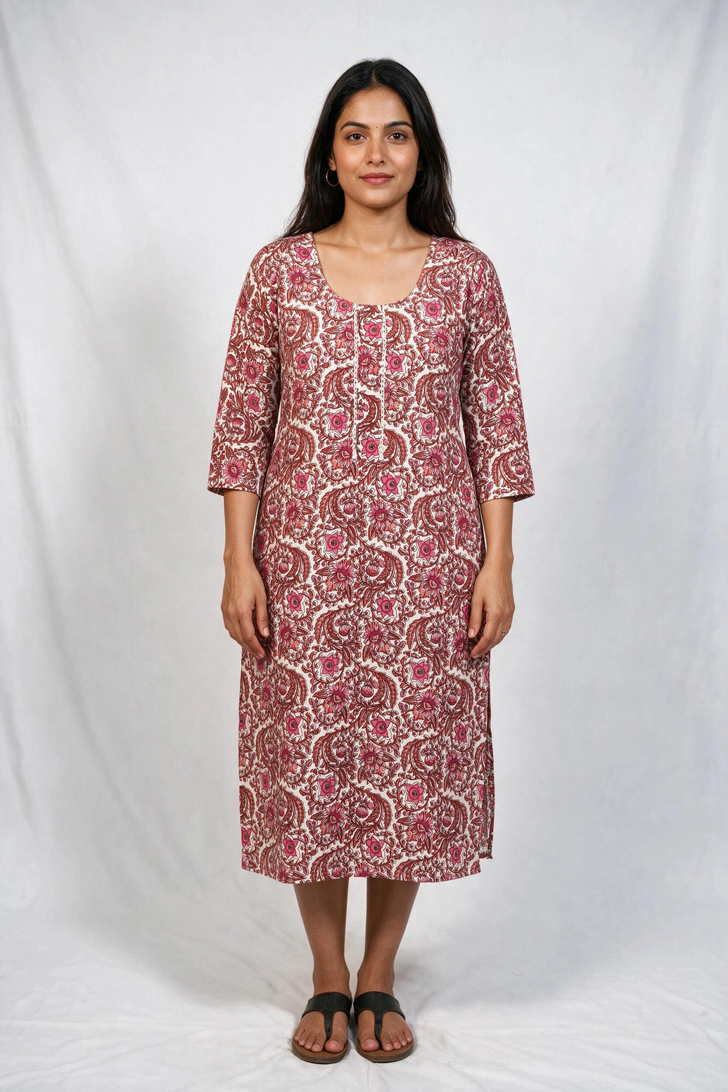 Pink Floral Cotton Kurti with Lace Detailing and Wooden Buttons for Women, 3/4 Sleeves Midi Length - Pink