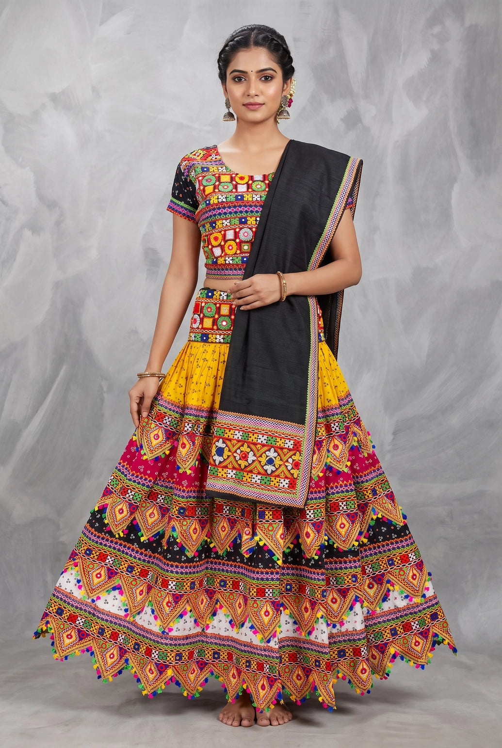 Designer Navratri Chaniya Choli Set with Heavy Kutchi Mirror Work & Bandhani Lehenga - Multi Color - Multi Color