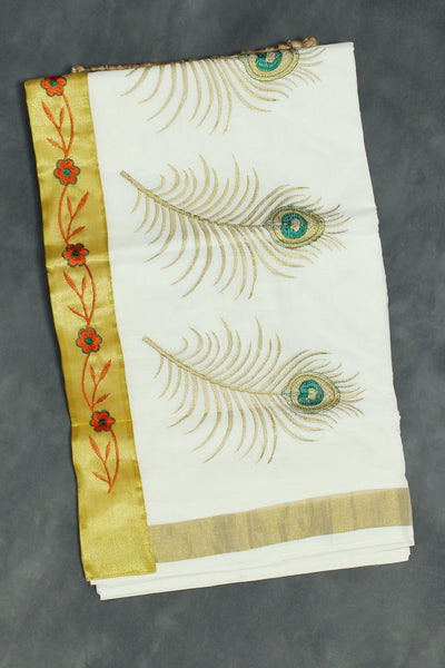 Pure Kerala Cotton White Saree with Gold-Tone Peacock Zari Embroidery and Blouse Piece - White