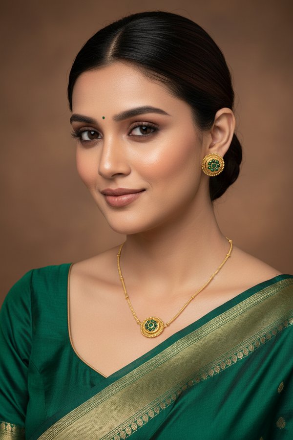 Traditional Gold-Tone Ethnic Necklace Set with Green Imitation Stones and Matching Stud Earrings, Lightweight with Adjustable Backing
