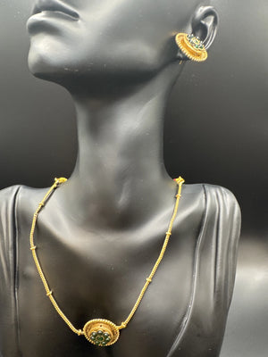 Traditional Gold-Tone Ethnic Necklace Set with Green Imitation Stones and Matching Stud Earrings, Lightweight with Adjustable Backing