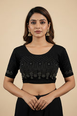Black Readymade Stretchable Designer Blouse with Stone Embellished Floral and Geometric Work - Black