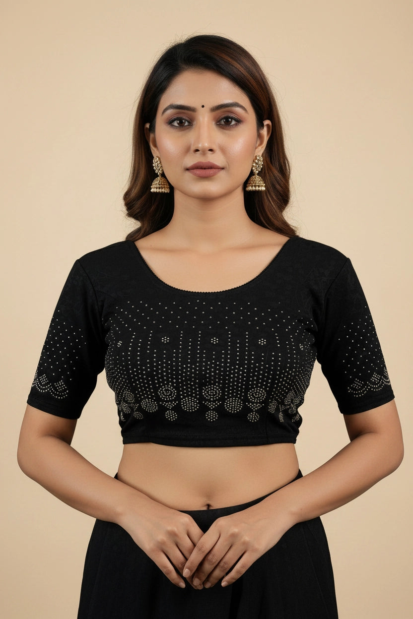 Black Readymade Stretchable Designer Blouse with Stone Embellished Floral and Geometric Work - Black