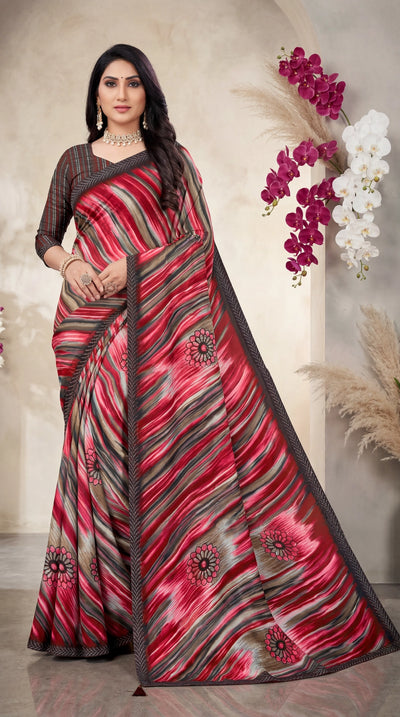 Red Georgette Saree with Floral Motifs and Striped Pattern Border | Jasmin Zomato Style - Red