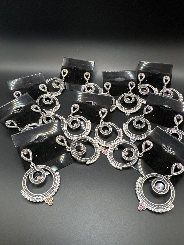 Oxidized Silver Spiral Drop Earrings with Coloured Stone Beads — 2 inch Traditional Indian Fashion Jewellery Jewelry JCS Fashions
