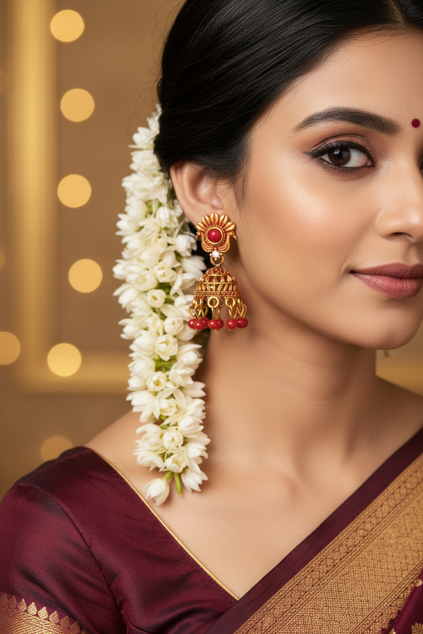 Red Antique Look Floral Jhumka Earrings - Gold-Tone
