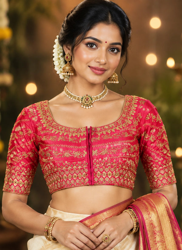 Magenta Designer Padded Blouse with Zari Floral & Vine Work, U-Shaped Neckline, Elbow Sleeves, Fully Stitched - Magenta
