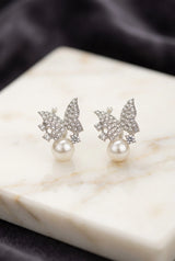 White Stone Butterfly Stud Earrings with Round Pearl Drop, Silver-Tone Fashion Jewellery for Women - White