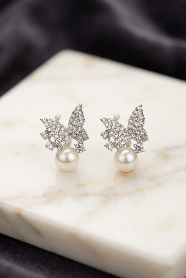 White Stone Butterfly Stud Earrings with Round Pearl Drop, Silver-Tone Fashion Jewellery for Women - White