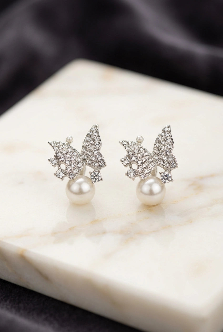 White Stone Butterfly Stud Earrings with Round Pearl Drop, Silver-Tone Fashion Jewellery for Women - White