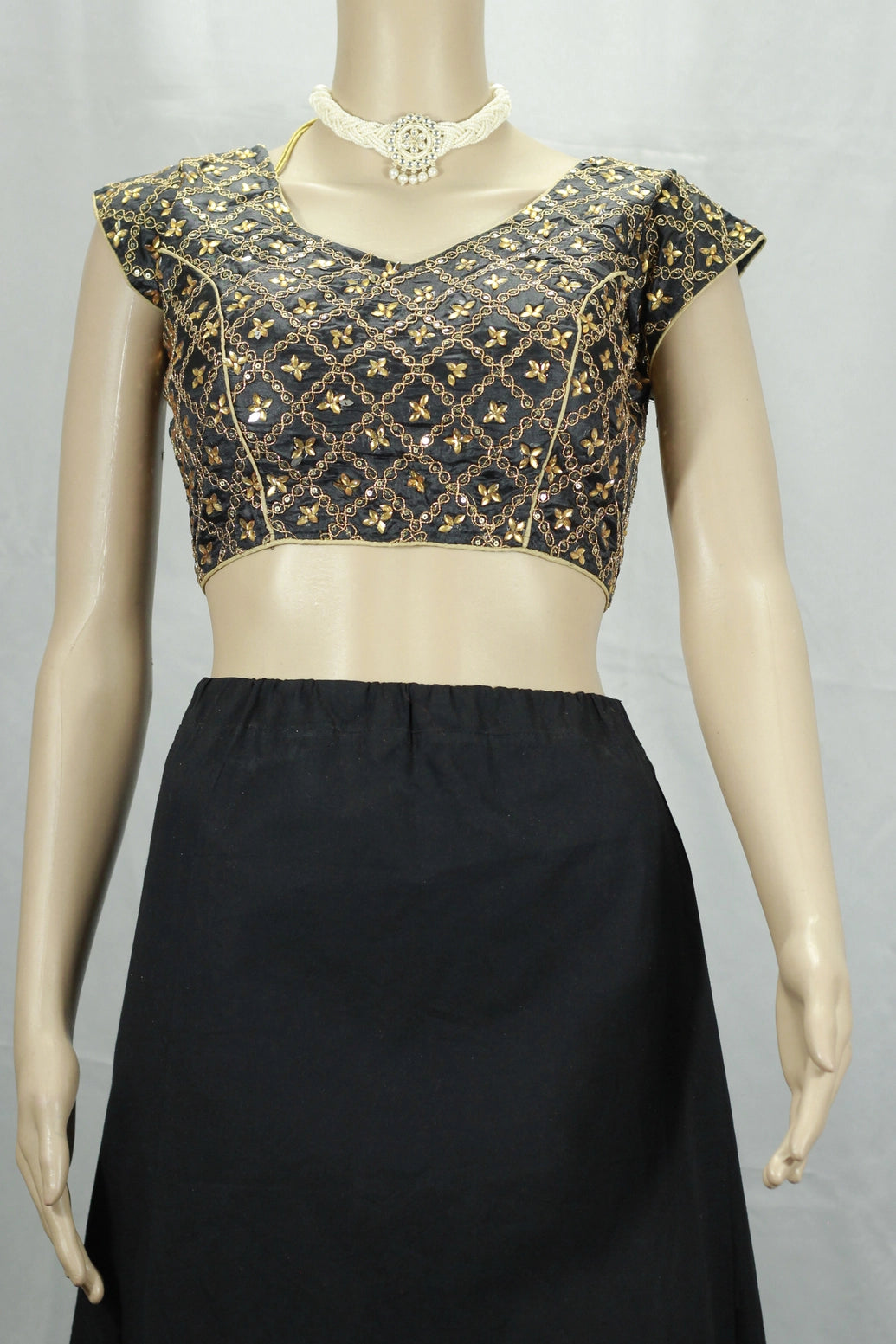 Black Readymade Padded Sleeveless Designer Blouse with Gold-Tone Geometric Floral Embroidery and Back Knot - Black