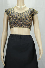 Black Readymade Padded Sleeveless Designer Blouse with Gold-Tone Geometric Floral Embroidery and Back Knot - Black