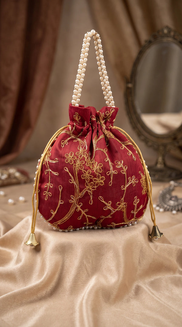 Maroon Embroidered Pearl Bead Drawstring Potli Bag with Gold Floral Work for Wedding, Festive & Return Gifts - Maroon