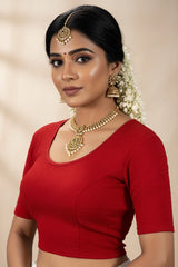 Red Readymade Designer Blouse, Fully Stitched Stretch Plain, Elbow Sleeves with Back Crisscross Straps - Red