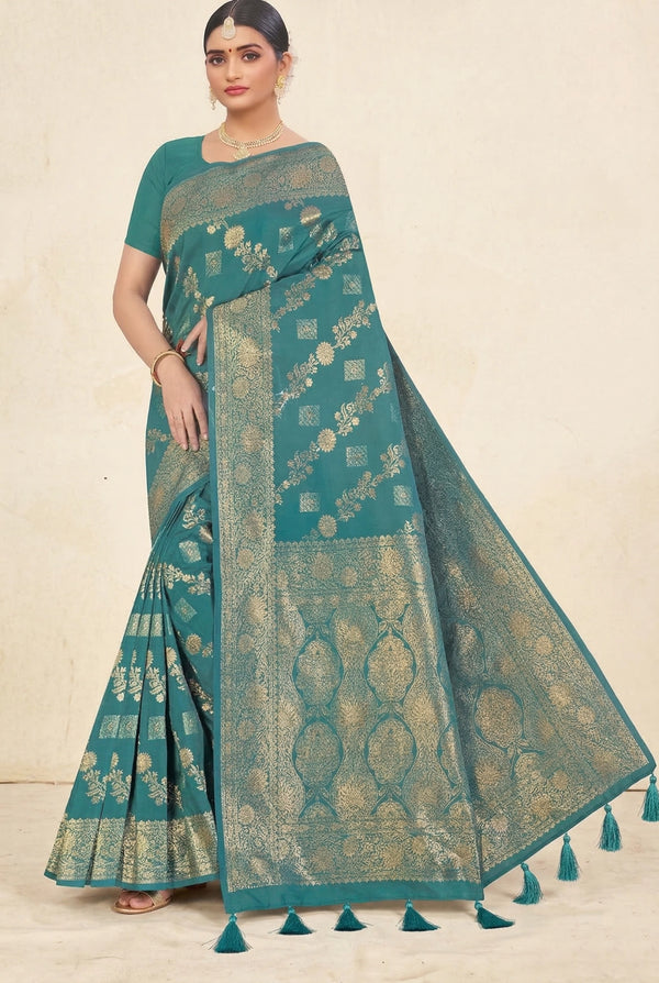 beautifully adorned with intricate zari weaving banarasi saree. The saree features delicate floral motifs woven across the body, complemente - Rama Blue