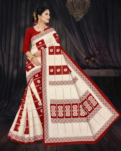Red and White Cotton Printed Saree with Border and Classic Geometric Motifs for Women - Red & White