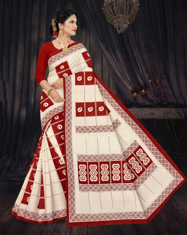 Red and White Cotton Printed Saree with Border and Classic Geometric Motifs for Women - Red & White
