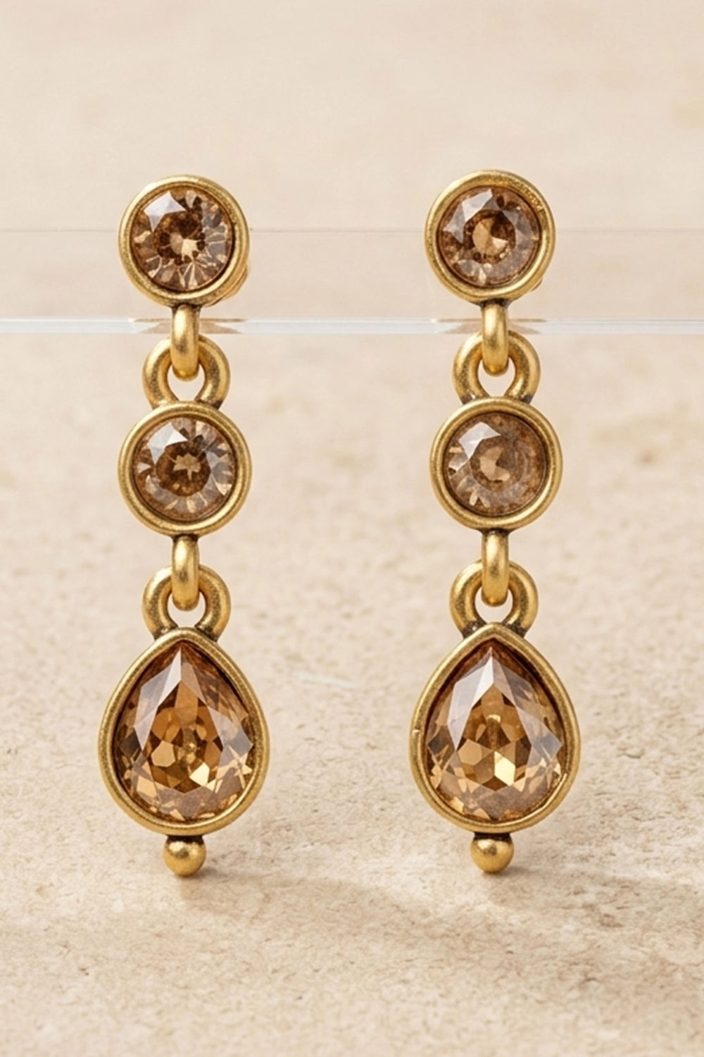 Gold-Tone Teardrop Dangler Fashion Earrings with Oval Stones, 3-Stone Vertical Design - Gold