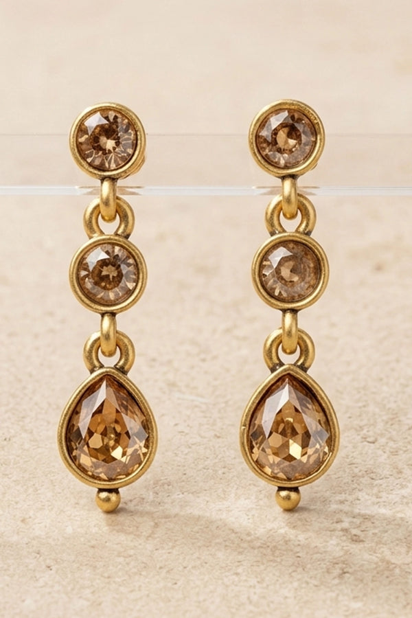 Gold-Tone Teardrop Dangler Fashion Earrings with Oval Stones, 3-Stone Vertical Design - Gold