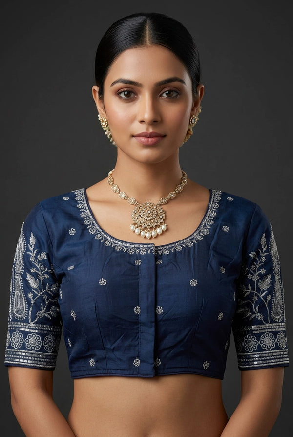 Navy Blue Readymade Designer Padded Blouse with Embroidery, Fully Stitched Elbow Sleeves - Navy blue