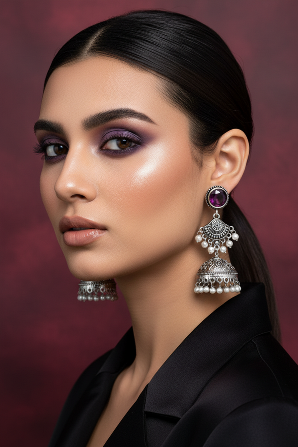 Oxidised Silver-Style Purple Stone Jhumka Earrings with Pearls - 2.8 inch Ethnic Stud