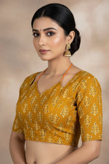 Yellow Floral Print Padded Cotton Blouse with Leaf Motifs, Elbow Sleeve and Back Knot Tie - Yellow