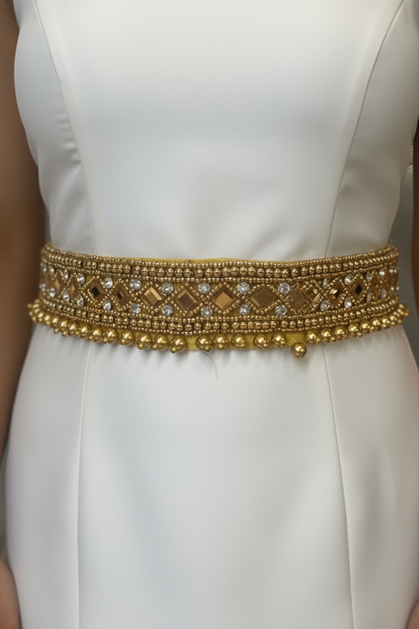Gold-Tone Embellished Traditional Hip Belt with Mirror