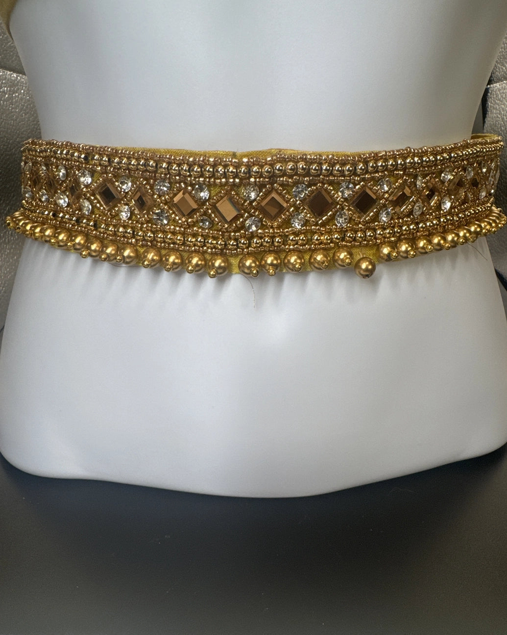 Gold-Tone Embellished Hip Belt with Mirror Accents and Bead Detailing - Traditional Adjustable Waist Belt - Gold