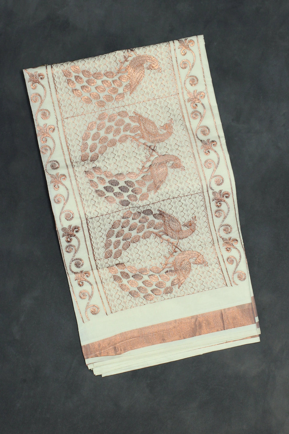 Pure Kerala Cotton Saree with Copper Zari Peacock Embroidery - White - White