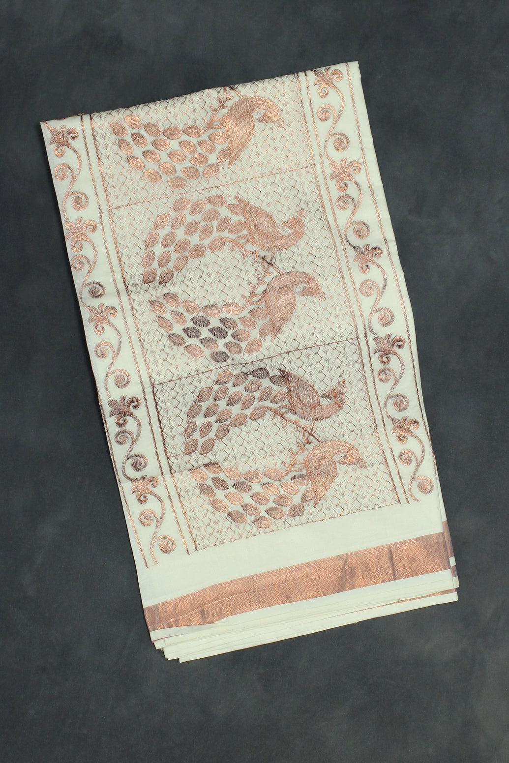Pure Kerala Cotton Saree with Copper Zari Peacock Embroidery - White - White