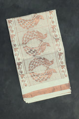 Pure Kerala Cotton Saree with Copper Zari Peacock Embroidery - White - White