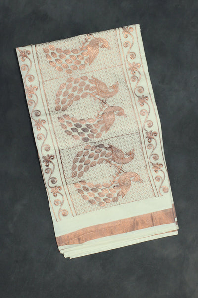 Pure Kerala Cotton Saree with Copper Zari Peacock Embroidery - White - White