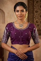 Purple Readymade Designer Padded Silk Blouse with Embroidery, Fully Stitched, Elbow Sleeve - Purple
