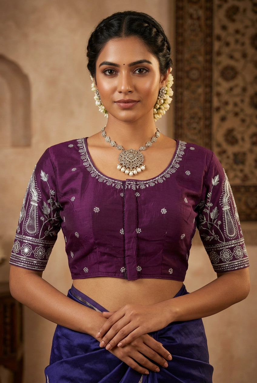 Purple Readymade Designer Padded Silk Blouse with Embroidery, Fully Stitched, Elbow Sleeve - Purple