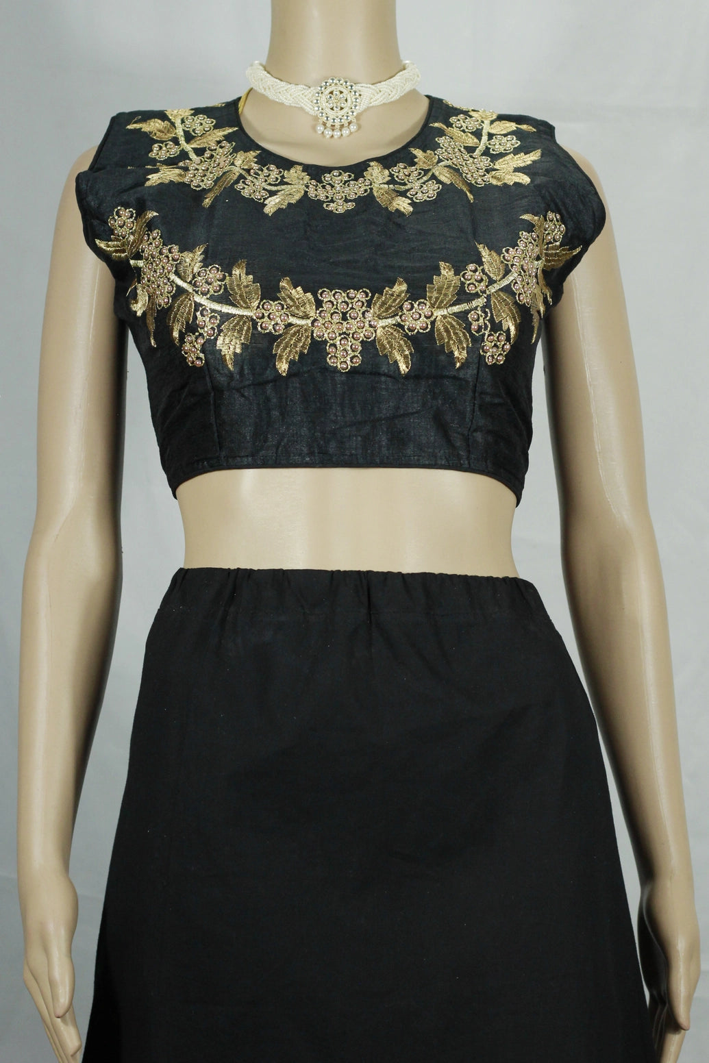 Black Readymade Designer Padded Blouse with Golden Aari Floral Embroidery, Sleeveless, Back Knot - Black