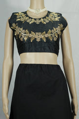Black Readymade Designer Padded Blouse with Golden Aari Floral Embroidery, Sleeveless, Back Knot - Black