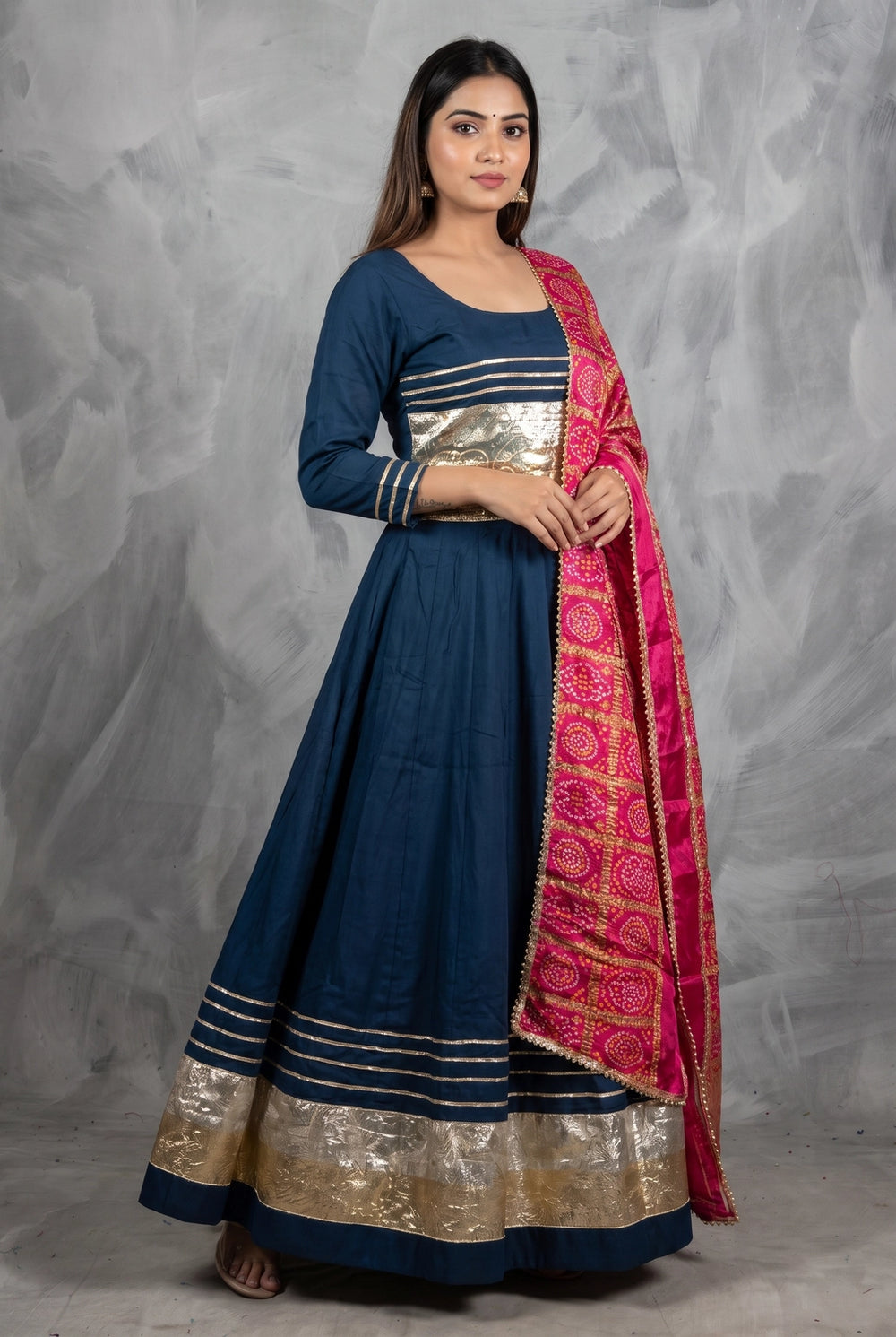 Navy Blue Designer Navratri Chaniya Choli with Gold & Silver Tissue Border and Plain Silk Lehenga Dupatta - Navy Blue