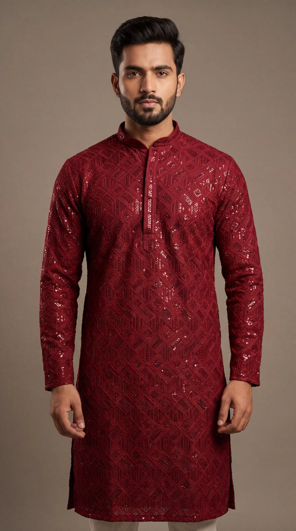 Men’s Red Chikankari Cotton Kurta with Sequin Embroidery (Pareek) for Festive Wear - Red