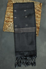 Black Vaazhai Naar (Banana Pith) Borderless Saree with Small Butta Motifs, Tasseled Pallu - Black