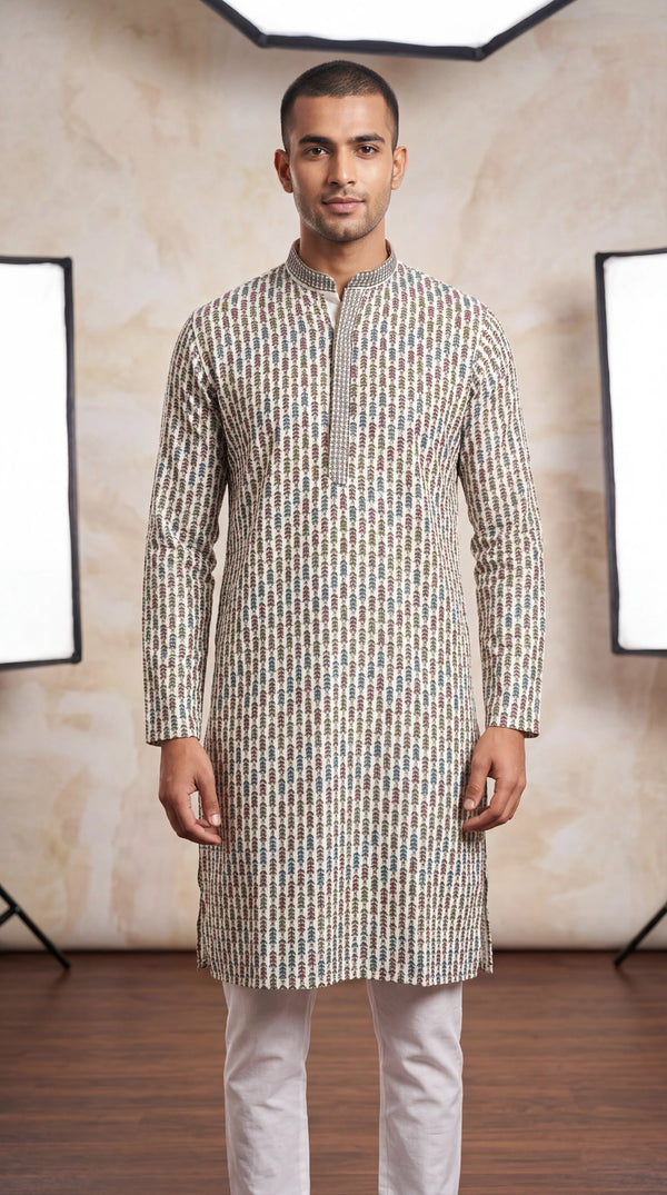 Men’s Cream Cotton Kurta with Multicolor Floral Thread Embroidery (Pareek) – Traditional Ethnic Wear - Cream