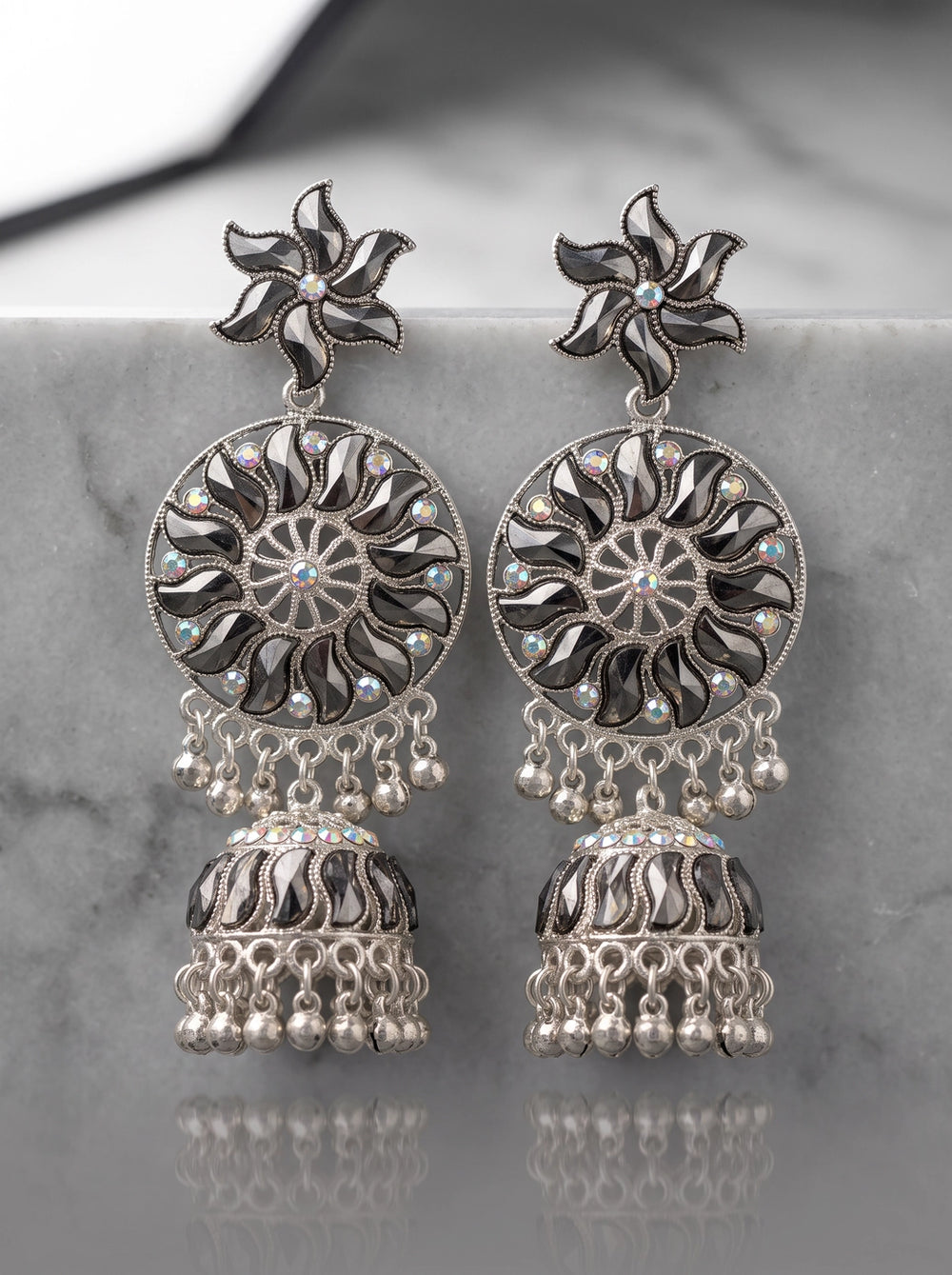 Antique Black Silver Jhumka Earrings with Floral Stud, Filigree Circle and Hanging Beads for Festive Wear - Black silver