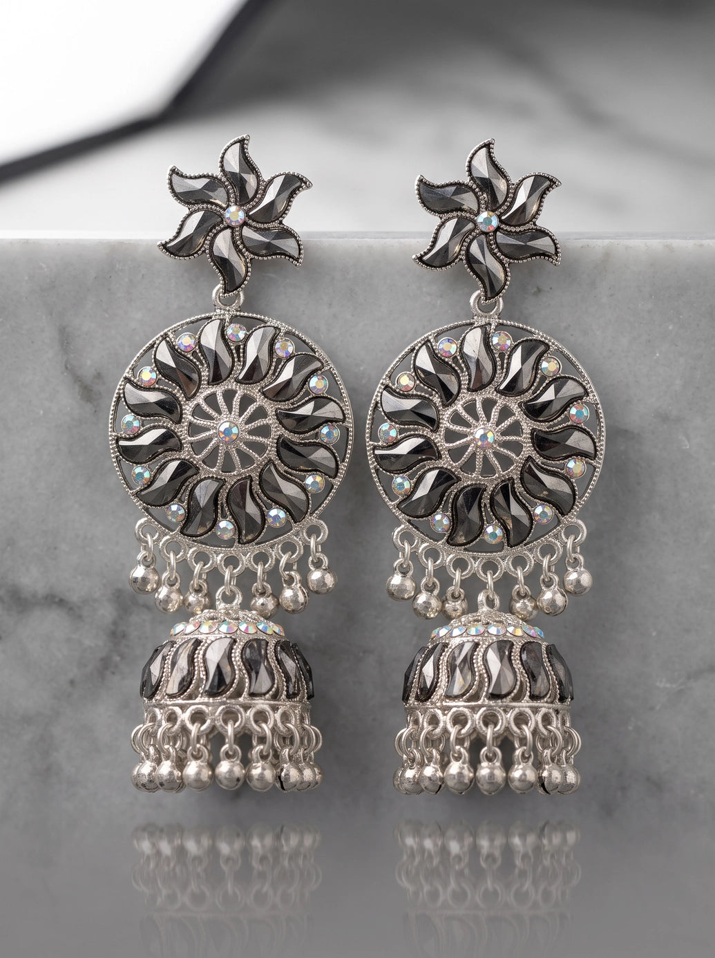 Antique Black Silver Jhumka Earrings with Floral Stud, Filigree Circle and Hanging Beads for Festive Wear - Black silver