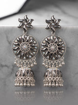 Antique Black Silver Jhumka Earrings with Floral Stud, Filigree Circle and Hanging Beads for Festive Wear - Black silver