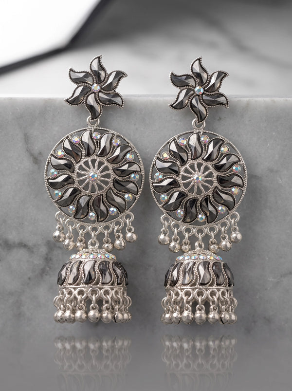 Antique Black Silver Jhumka Earrings with Floral Stud, Filigree Circle and Hanging Beads for Festive Wear - Black silver
