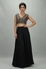 Navy Blue Readymade Designer Padded Blouse with Gold Thread & Sequin Work, Back Knot, Sleeveless - Navy blue