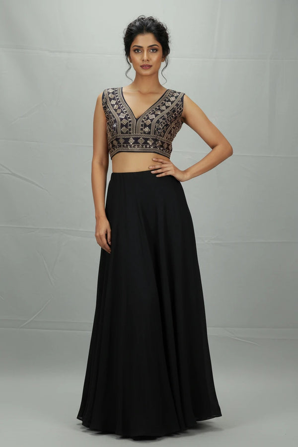 Navy Blue Readymade Designer Padded Blouse with Gold Thread & Sequin Work, Back Knot, Sleeveless - Navy blue