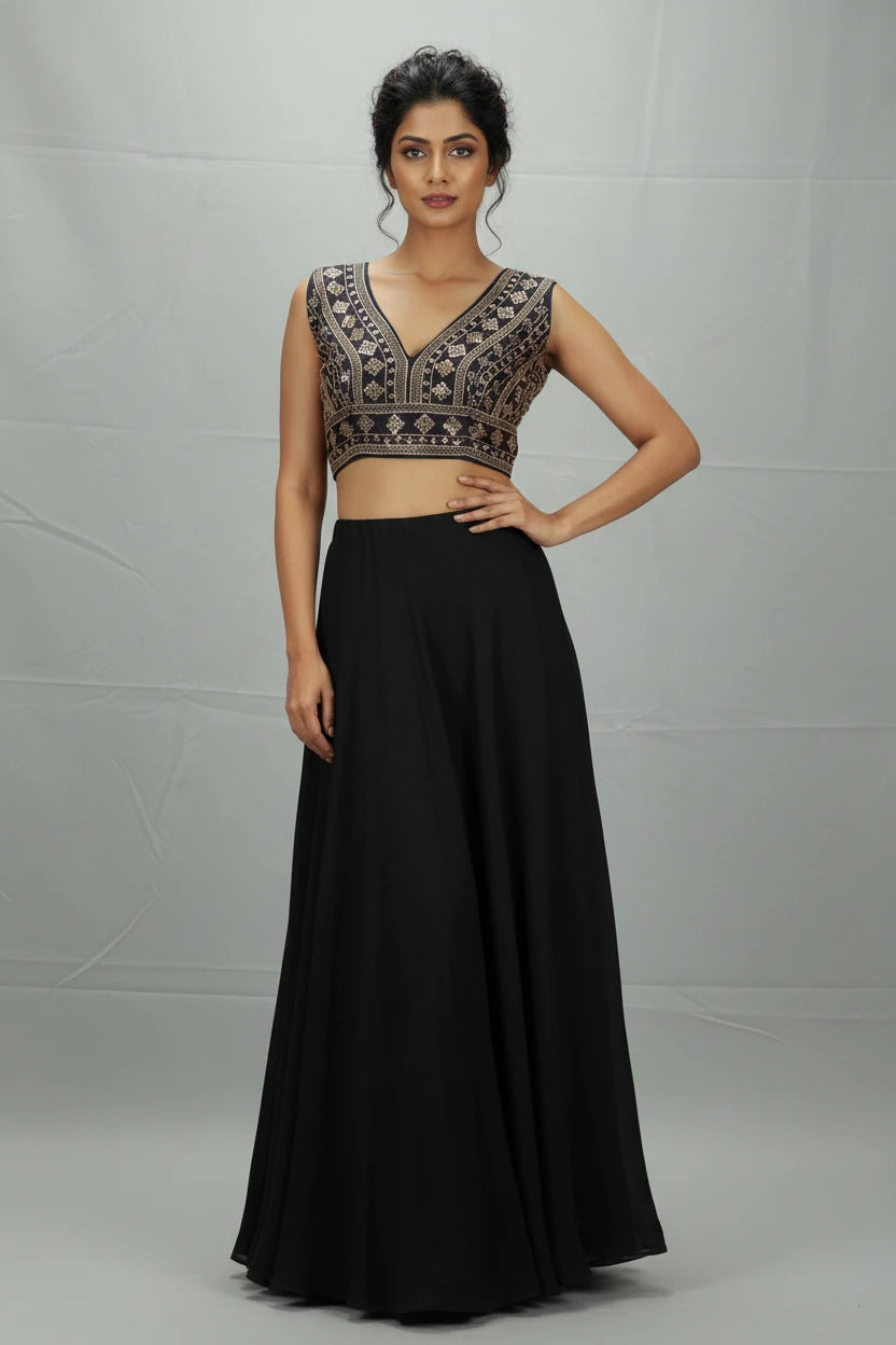 Navy Blue Readymade Designer Padded Blouse with Gold Thread & Sequin Work, Back Knot, Sleeveless - Navy blue