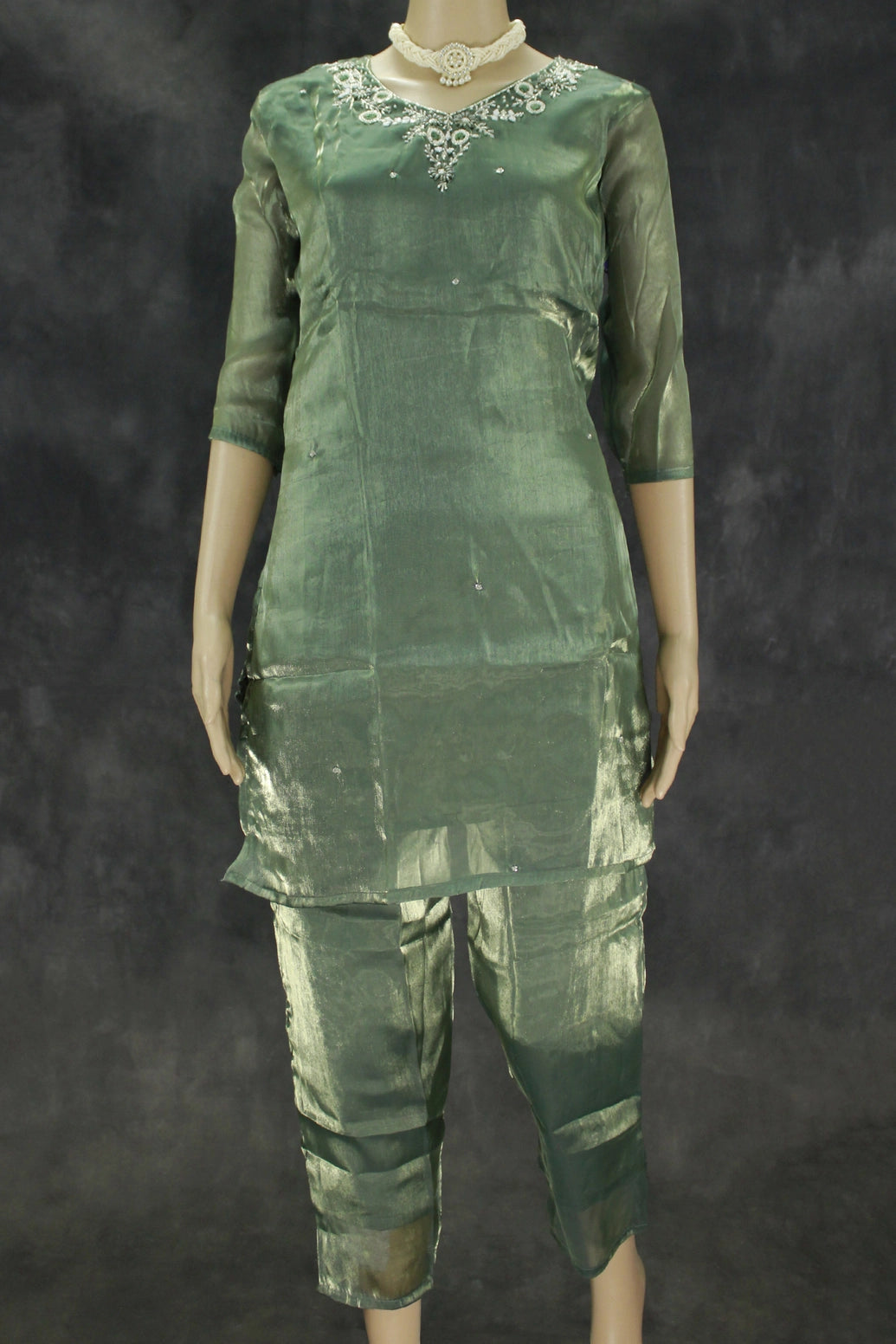 Green Rayon Silk Embroidered 2-Piece Kurti Set with V-Neck and Elastic Pant - Traditional Festive Wear