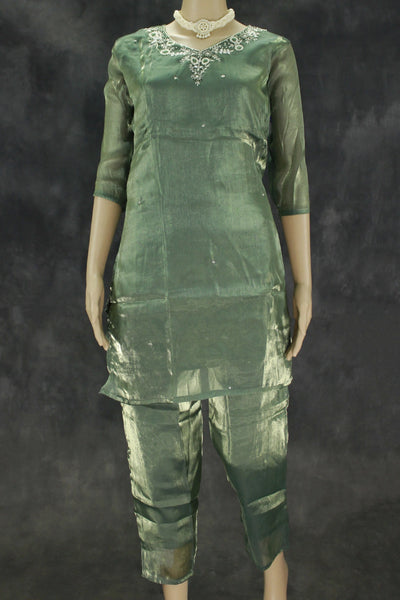 Green Rayon Silk Embroidered 2-Piece Kurti Set with V-Neck and Elastic Pant - Traditional Festive Wear
