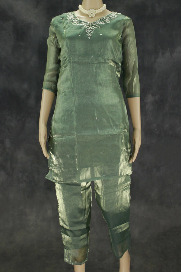 Green Rayon Silk Embroidered 2-Piece Kurti Set with V-Neck and Elastic Pant - Traditional Festive Wear